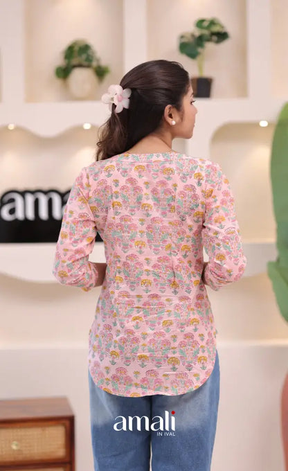 Pastel pink Jaipur Hand Block-Printed Short Top - salwar