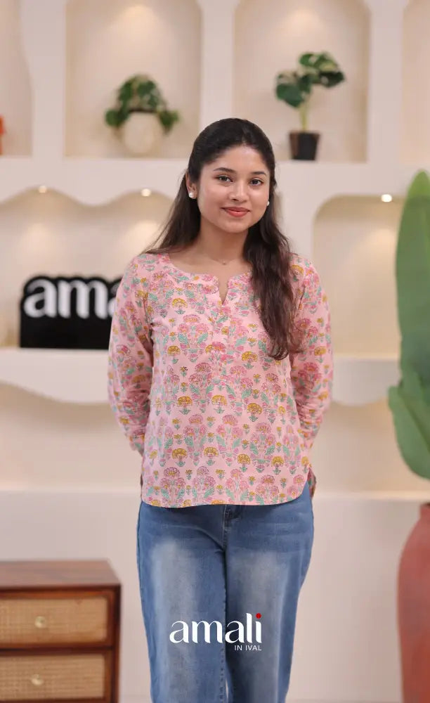 Pastel pink Jaipur Hand Block-Printed Short Top - salwar