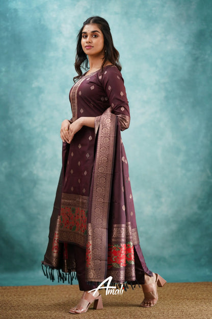 Pavani - Coffee Brown Blended Paithani Silk Salwar Salwar