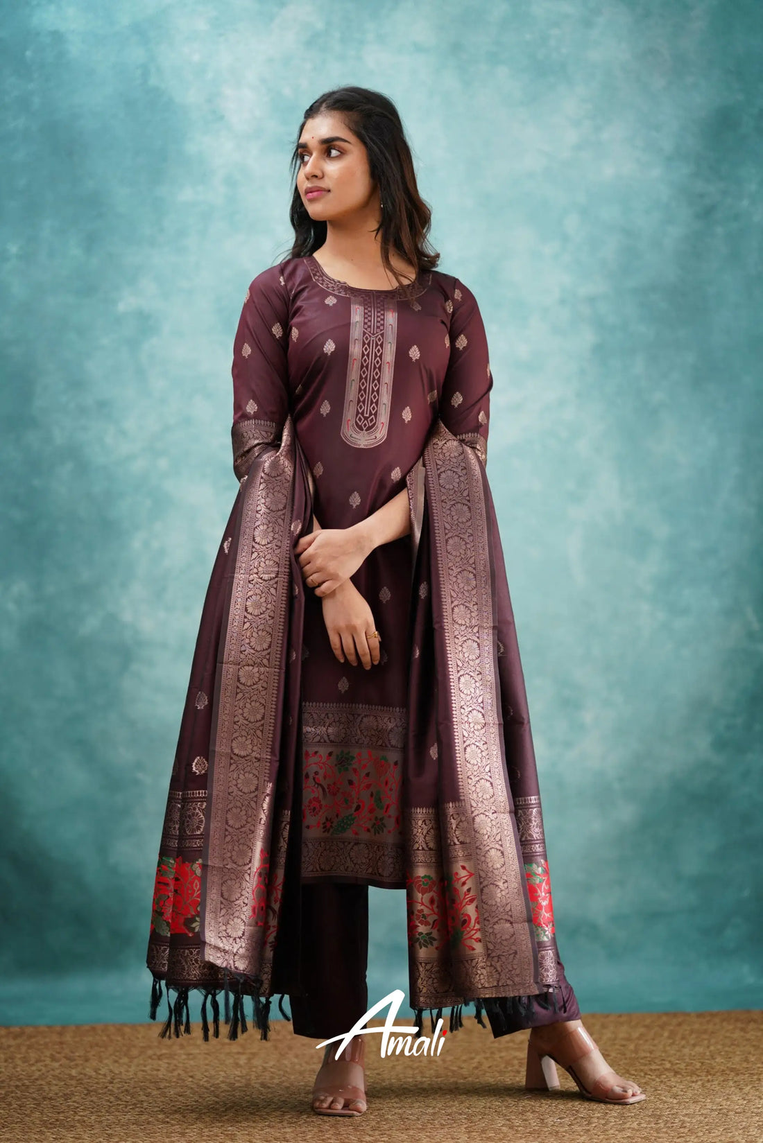 Sanvi - Coffee Brown Blended Paithani Silk Salwar Salwar