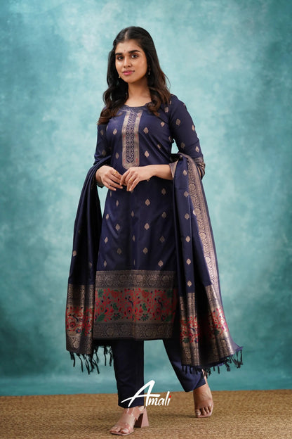 Pavani - Navy Blue Blended Paithani Silk Salwar Salwar