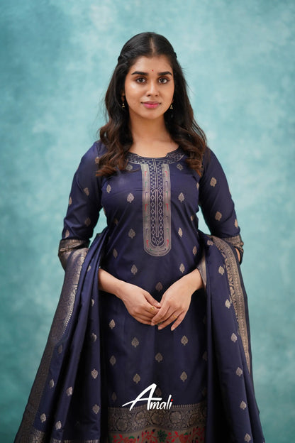 Sanvi - Navy Blue Blended Paithani Silk Salwar Salwar