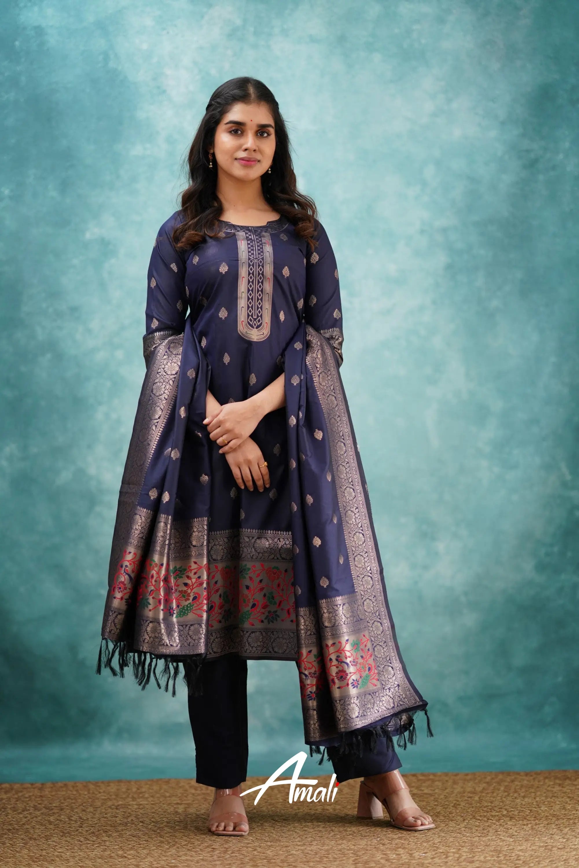 Pavani - Navy Blue Blended Paithani Silk Salwar Salwar