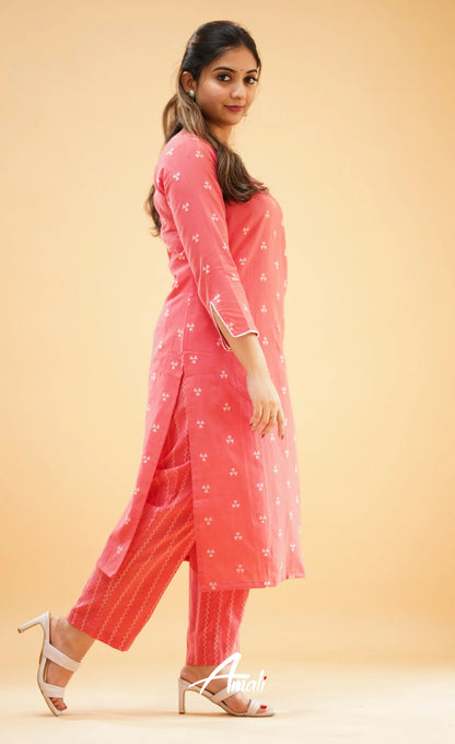 Peachish Pink Handloom Cotton Co-Ord Set