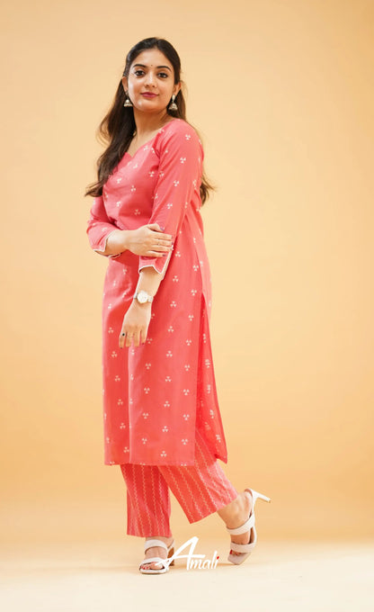 Peachish Pink Handloom Cotton Co-Ord Set