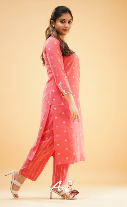 Peachish Pink Handloom Cotton Co-Ord Set