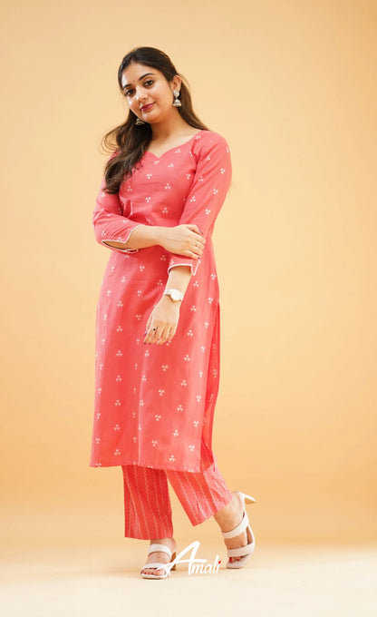 Peachish Pink Handloom Cotton Co-Ord Set