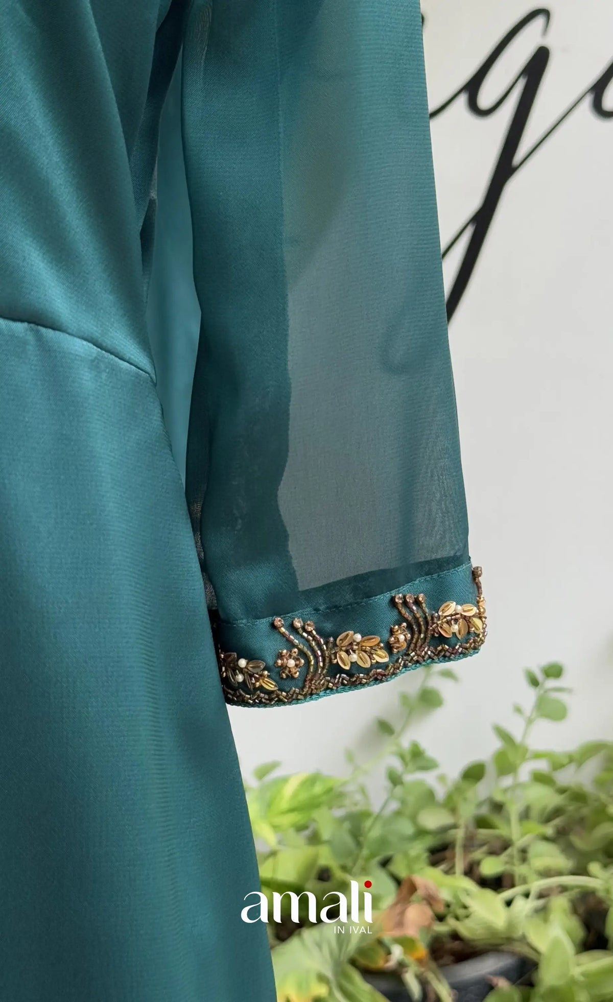 Peacock Blue Aari Handworked Georgette A-Line Top - salwar