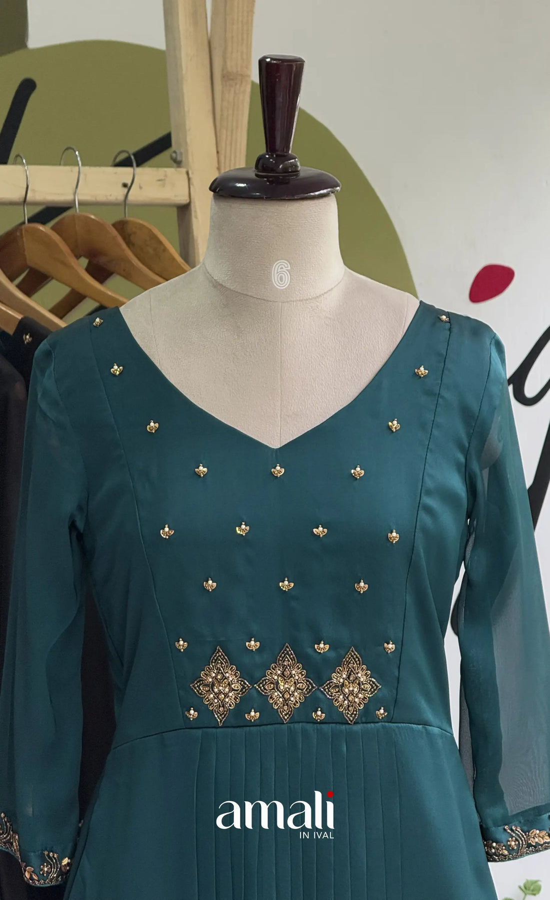 Peacock Blue Aari Handworked Georgette A-Line Top - salwar