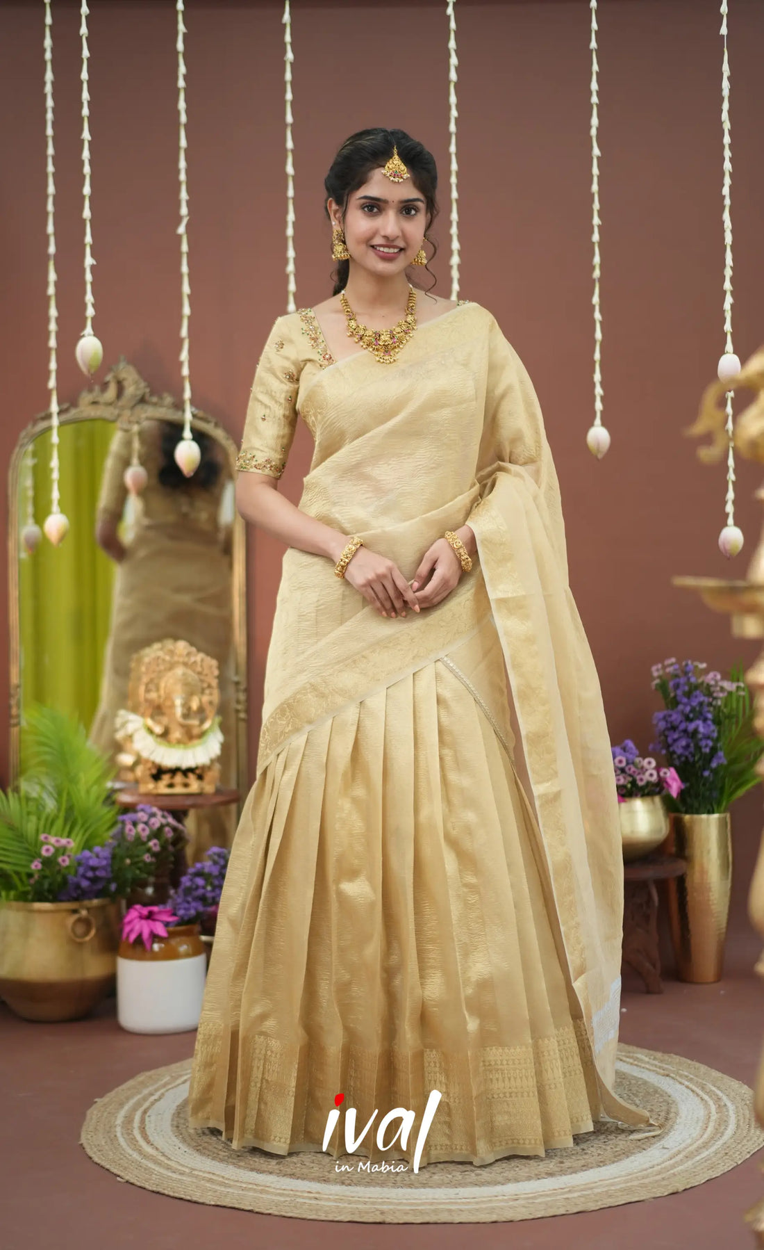 Pearl Crushed Tissue Halfsaree - Gold Half Sarees