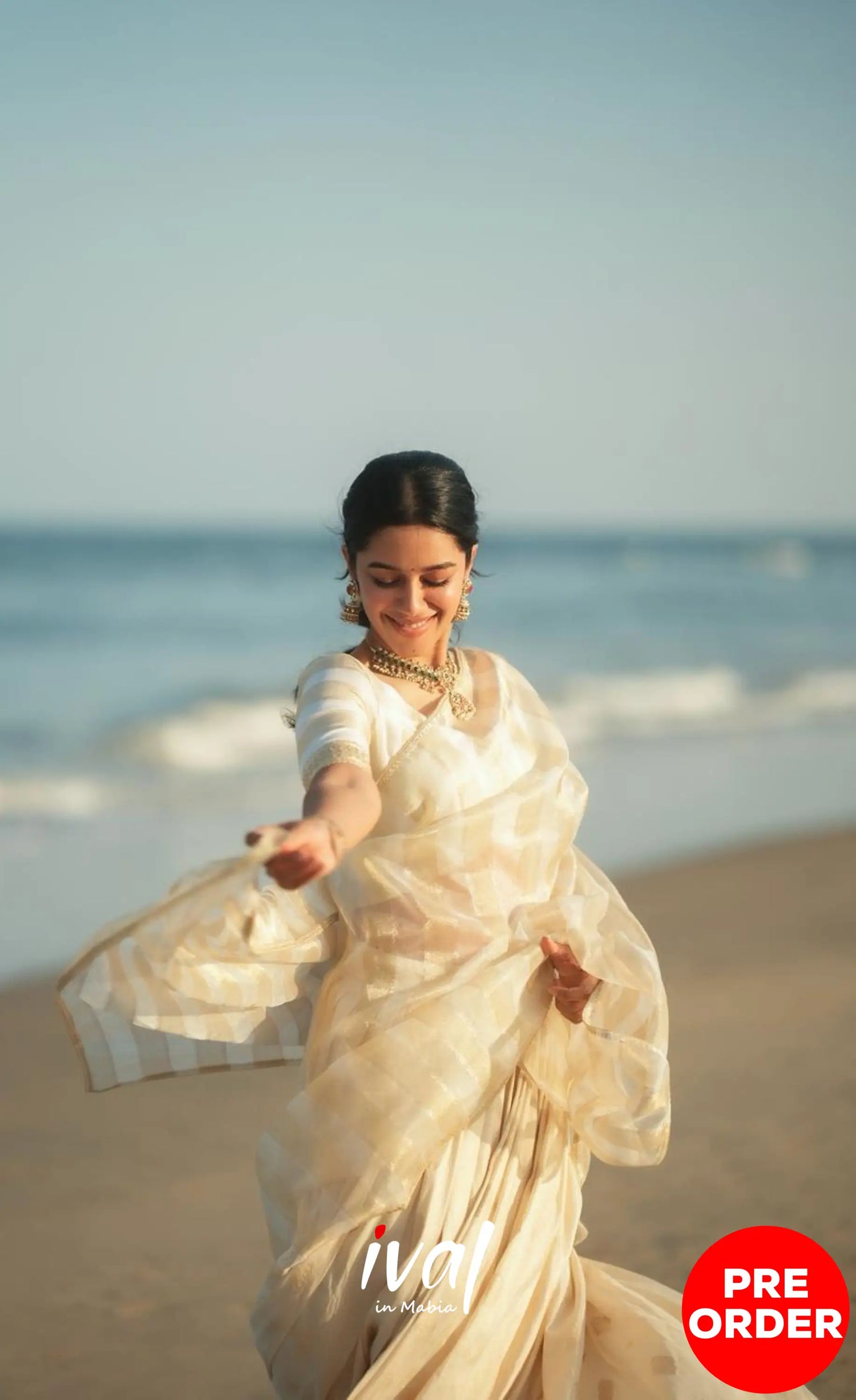 Pearl Silky Organza Halfsaree - Off white and Gold Half Sarees