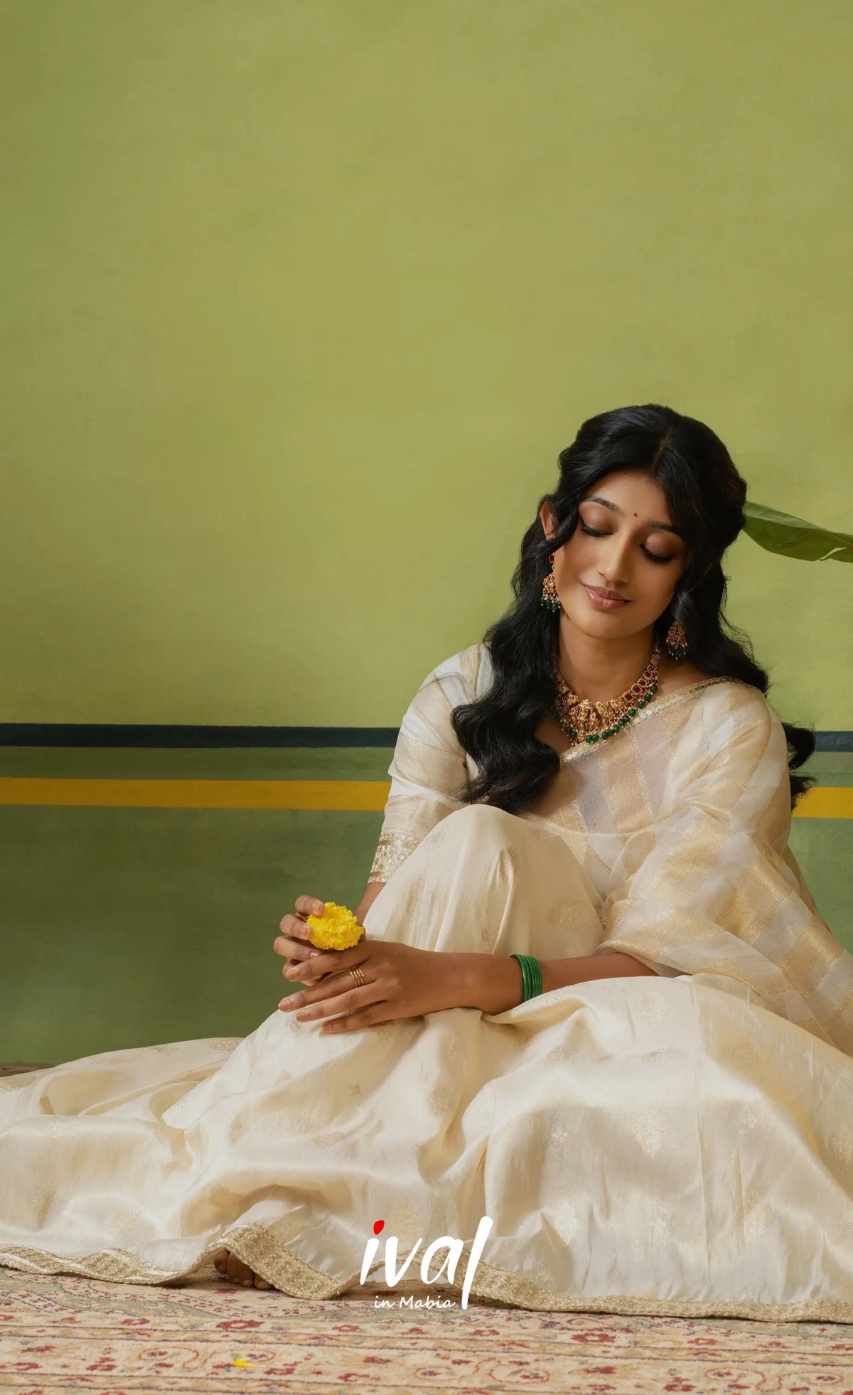 Pearl Silky Organza Halfsaree - Off white and Gold - Half Sarees