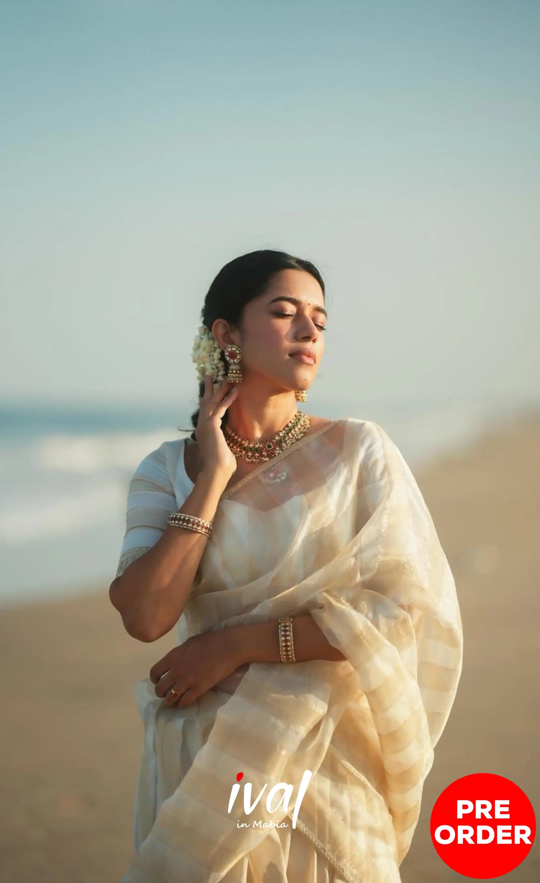 Pearl Silky Organza Halfsaree - Off white and Gold Half Sarees