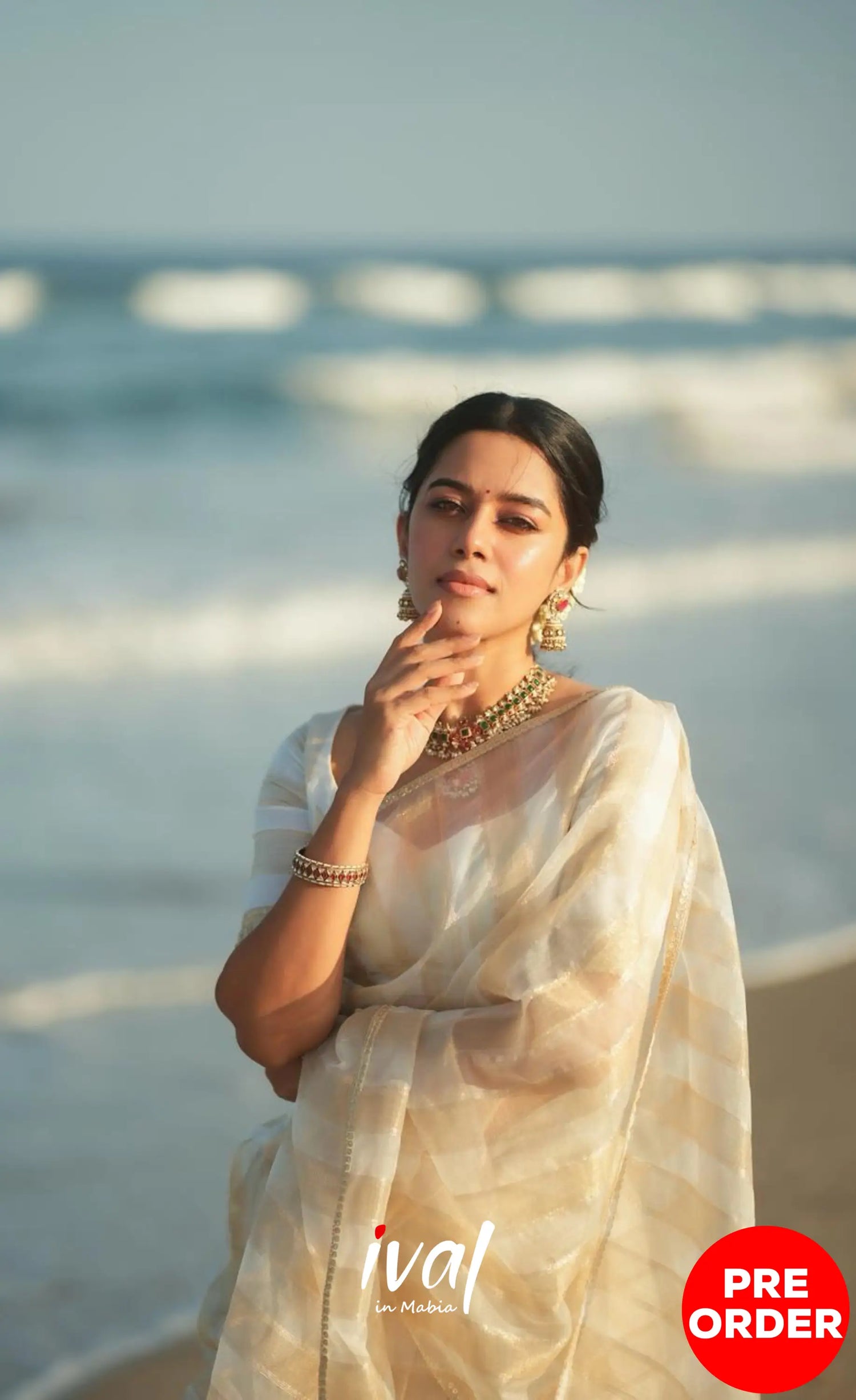 Pearl Silky Organza Halfsaree - Off white and Gold Half Sarees