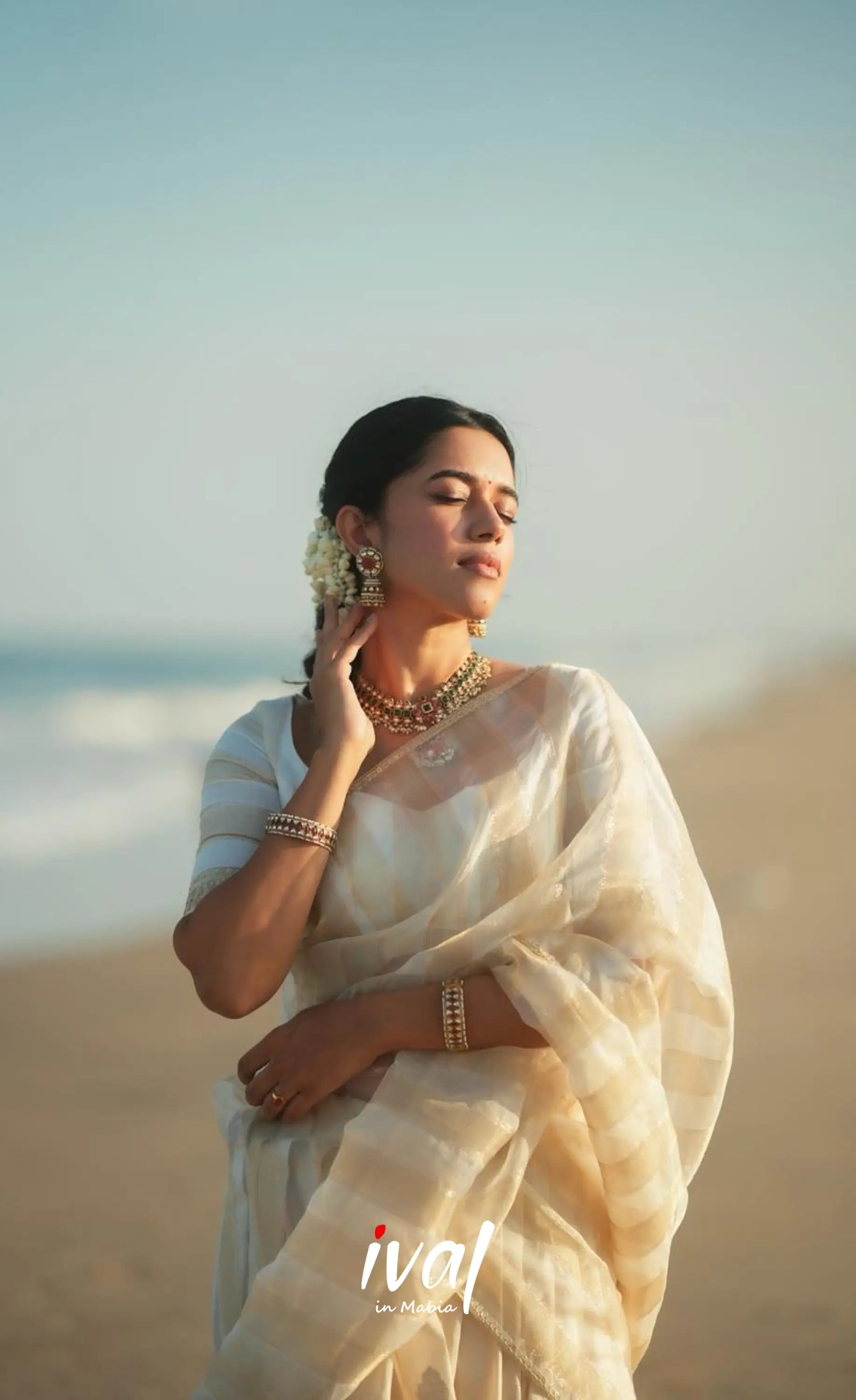 Pearl Silky Organza Halfsaree - Off white and Gold Half Sarees