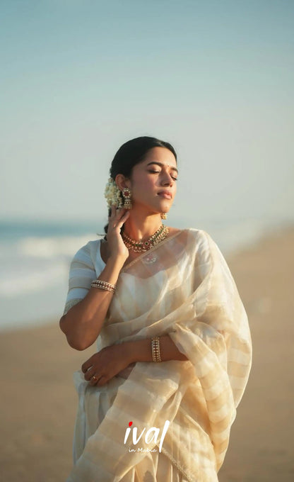 Pearl Silky Organza Halfsaree - Off white and Gold Half Sarees