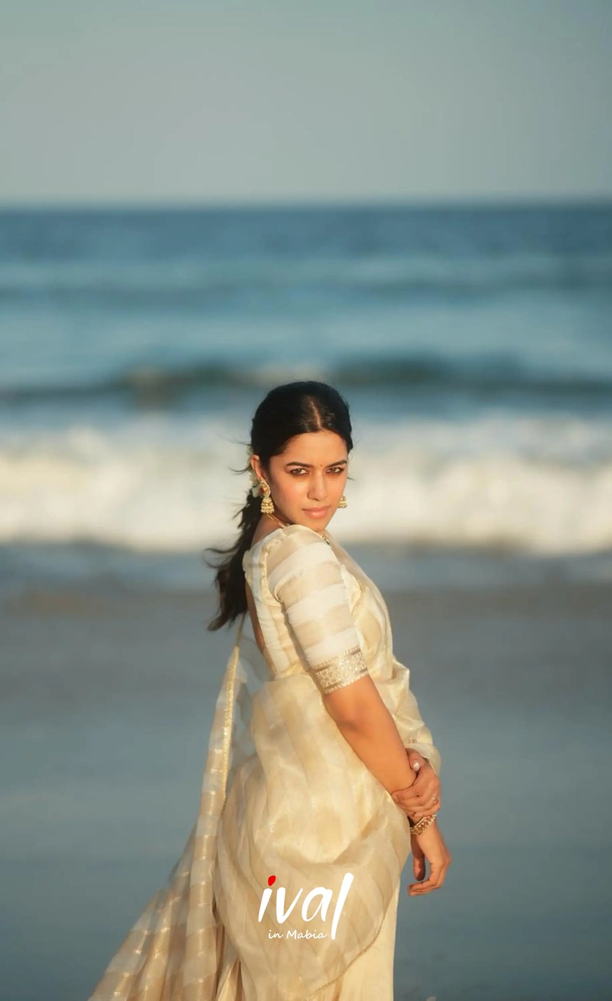 Pearl Silky Organza Halfsaree - Off white and Gold Half Sarees