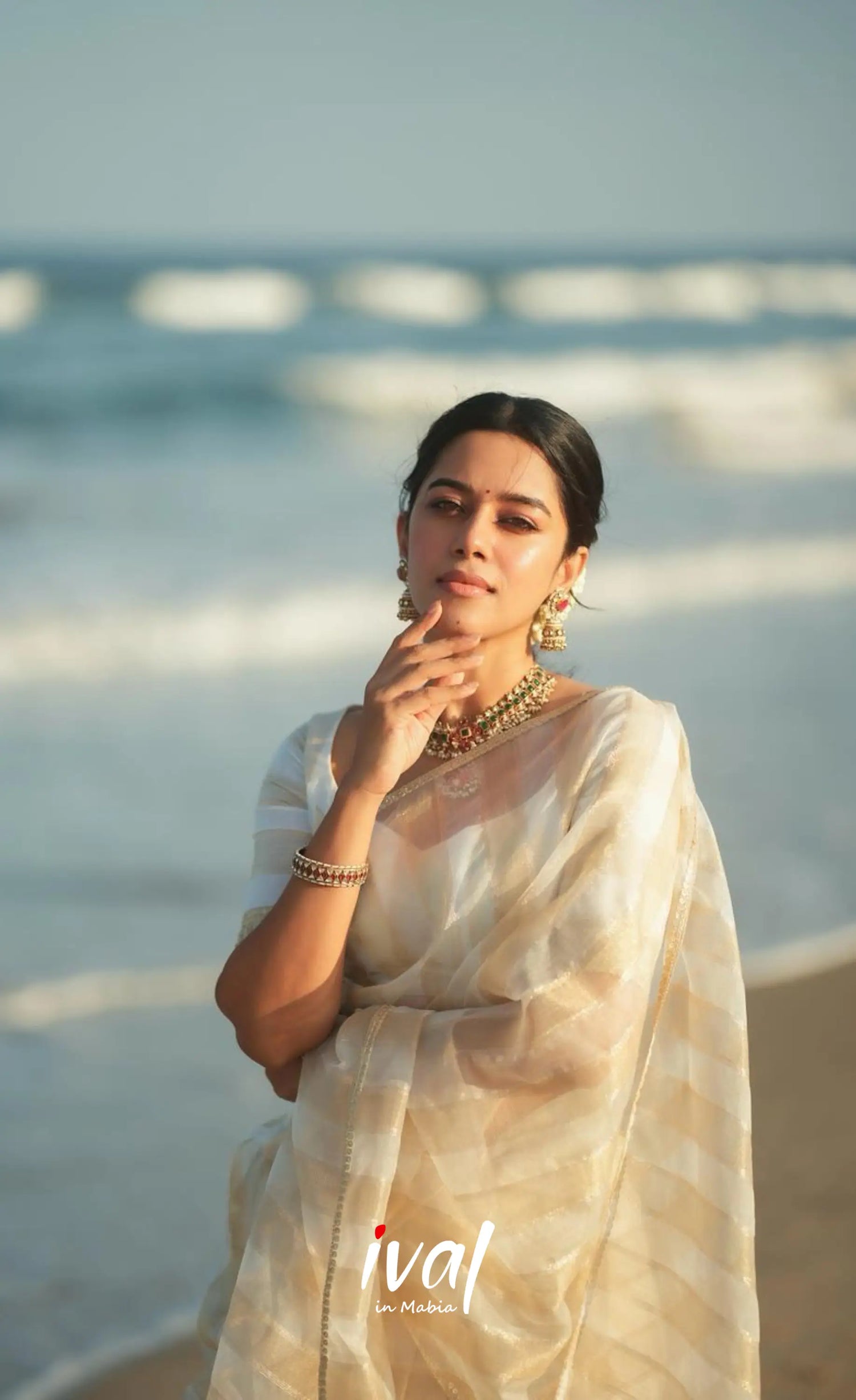 Pearl Silky Organza Halfsaree - Off white and Gold Half Sarees