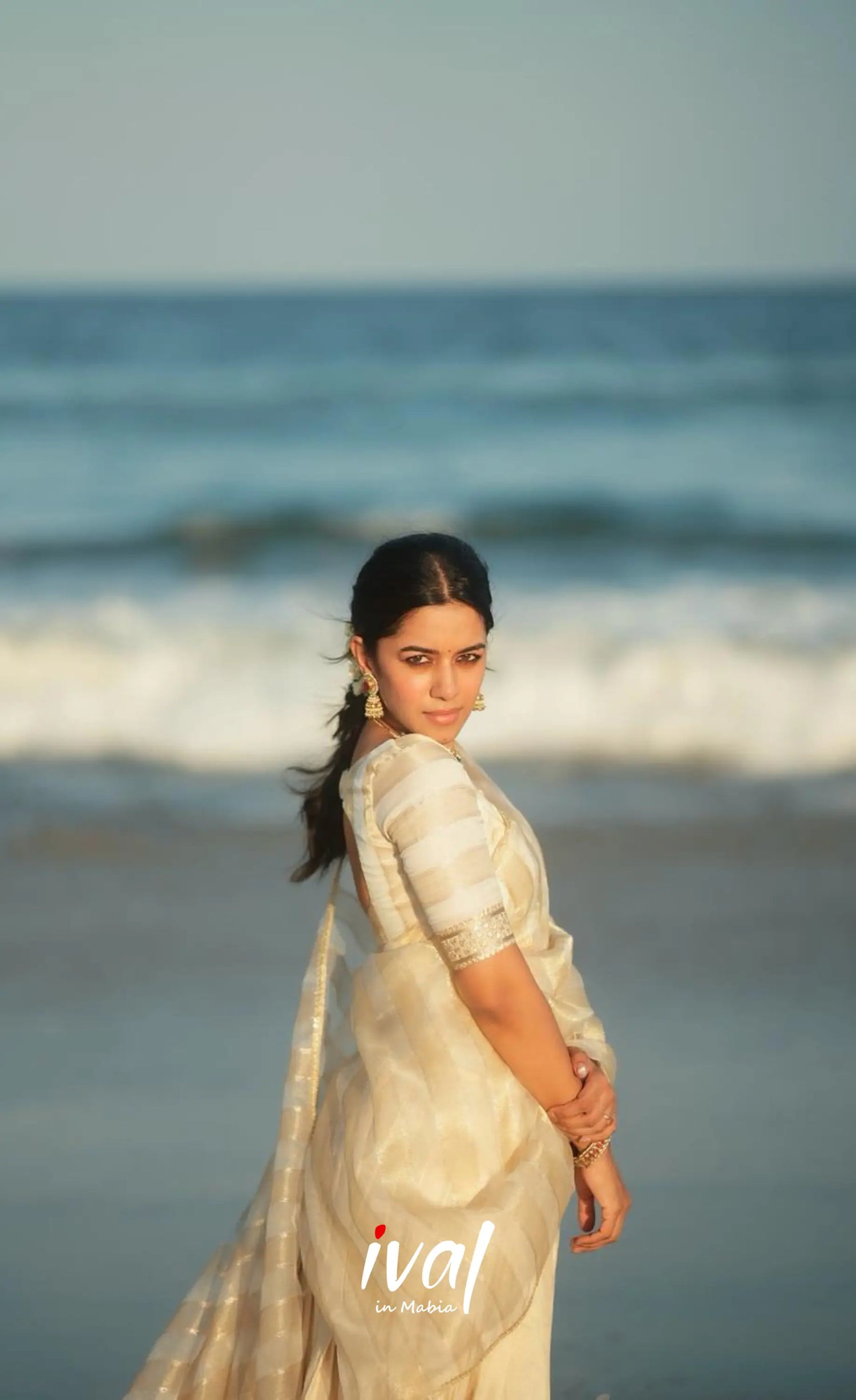 Pearl Silky Organza Halfsaree - Off white and Gold Half Sarees