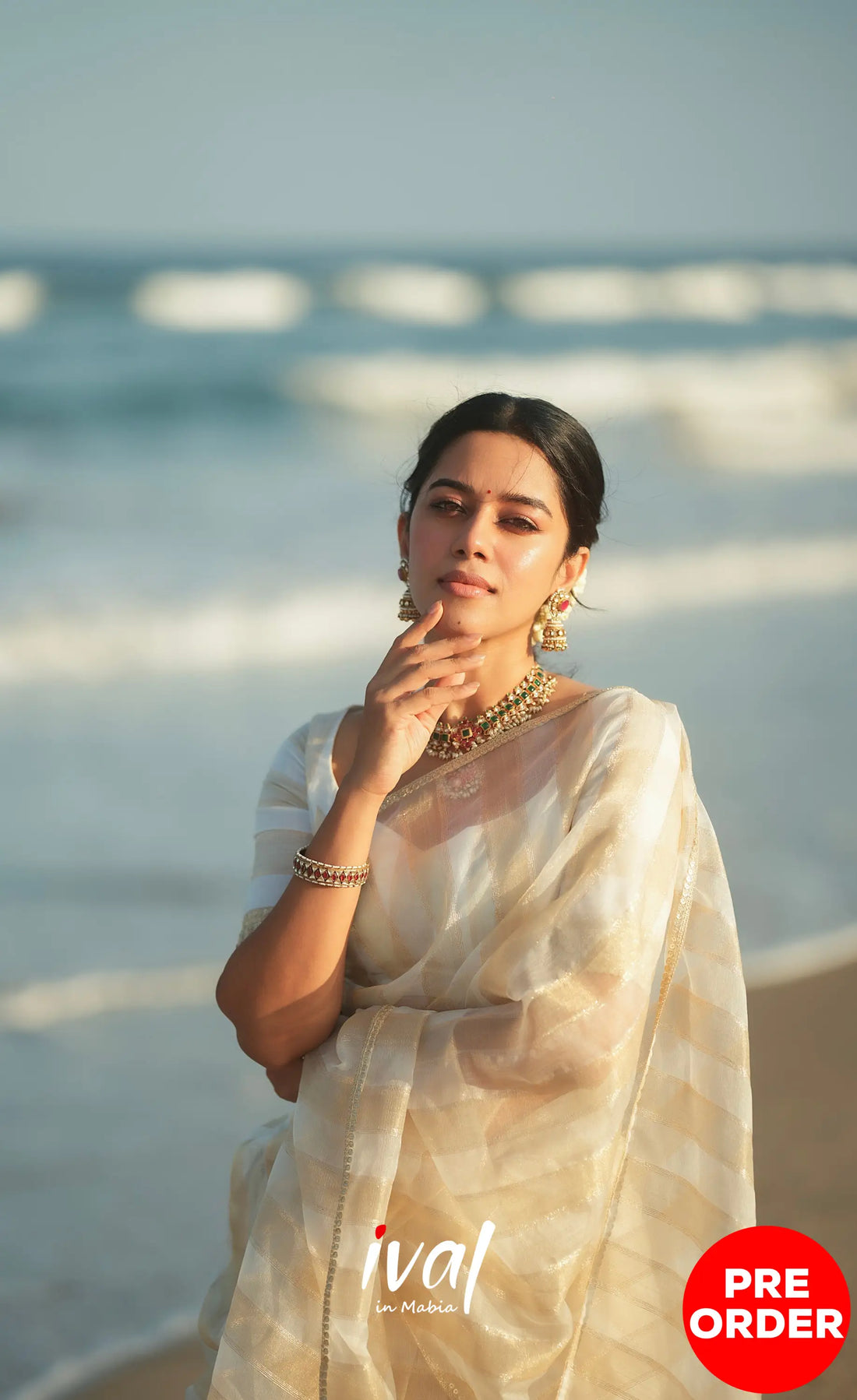 Pearl Silky Organza Halfsaree - Off white and Gold Half Sarees