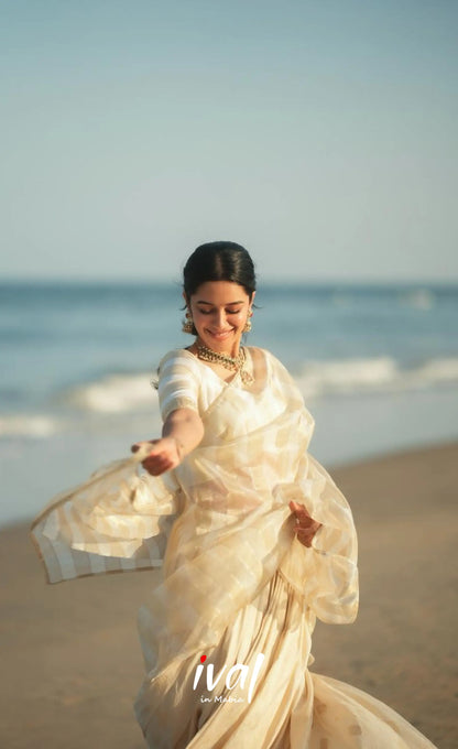 Pearl Silky Organza Halfsaree - Off white and Gold Half Sarees