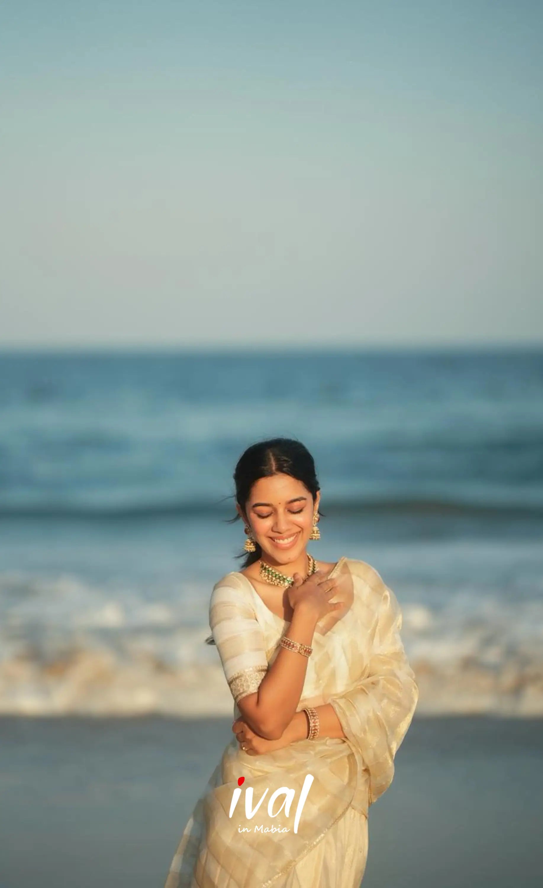 Pearl Silky Organza Halfsaree - Off white and Gold Half Sarees