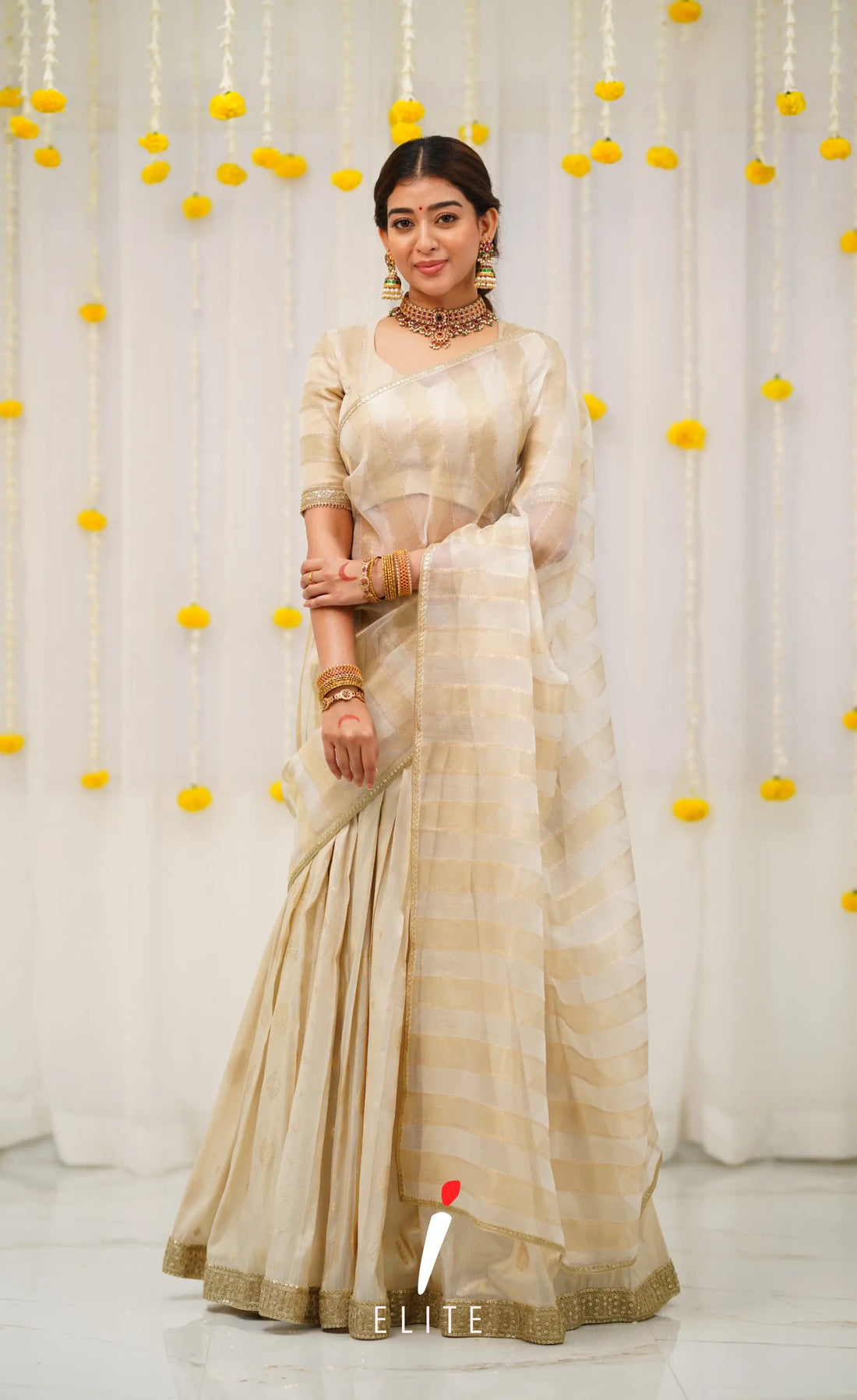 Pearl Silky Organza Halfsaree - Off white and Gold Half Sarees