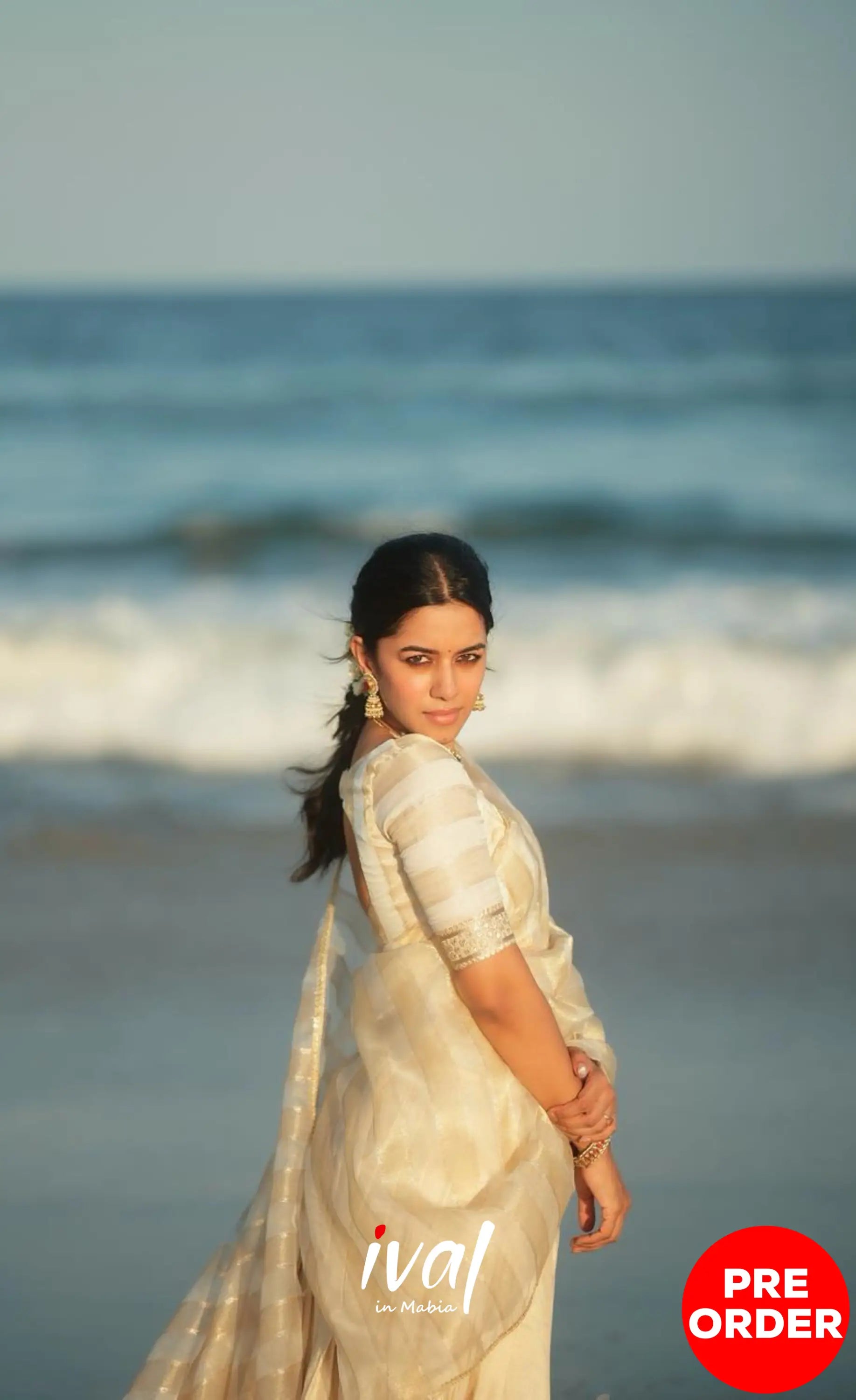 Pearl Silky Organza Halfsaree - Off white and Gold Half Sarees