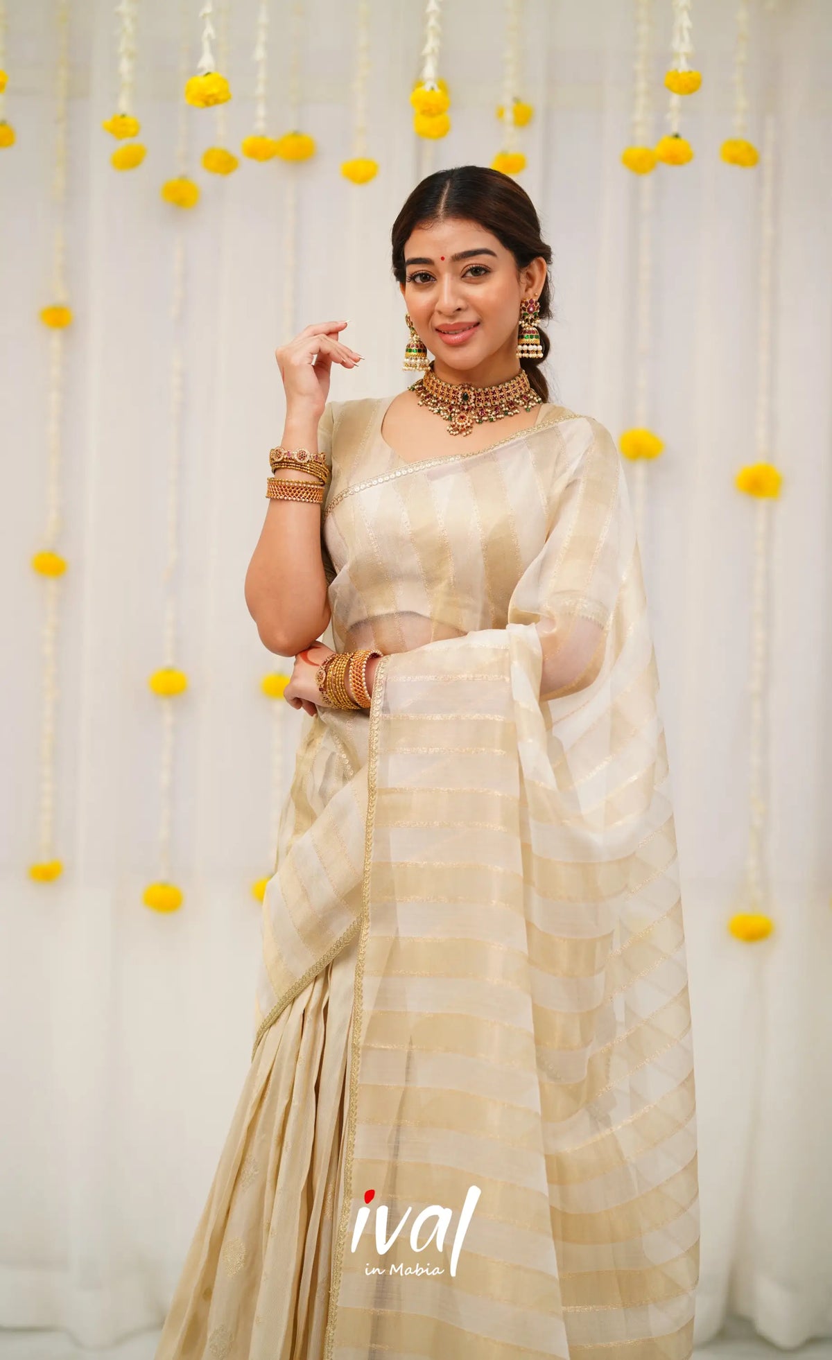 Pearl Silky Organza Halfsaree - Off white and Gold Half Sarees