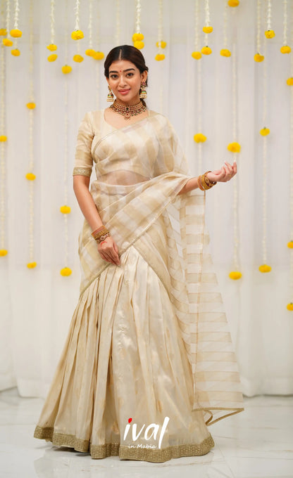 Pearl Silky Organza Halfsaree - Off white and Gold Half Sarees