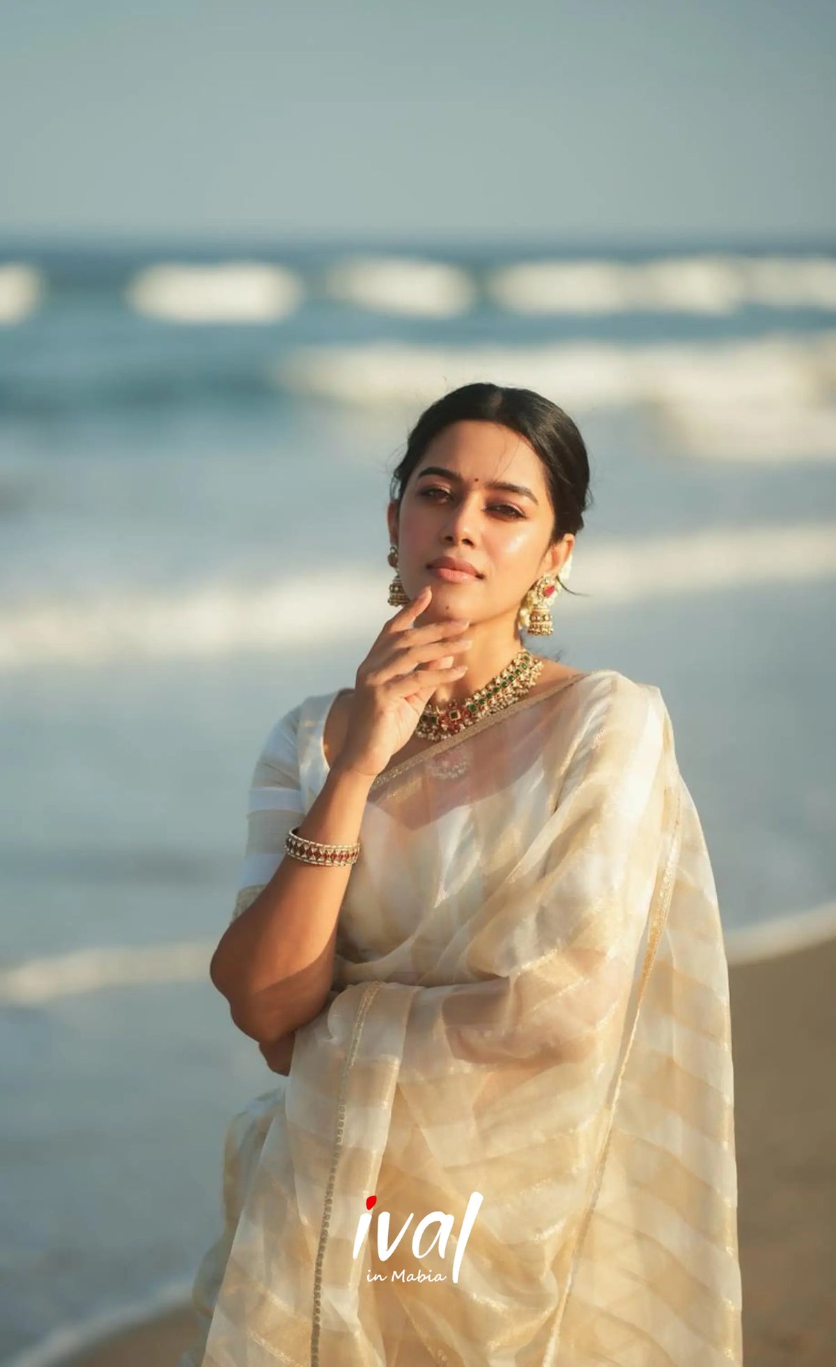 Pearl Silky Organza Halfsaree - Off white and Gold Half Sarees