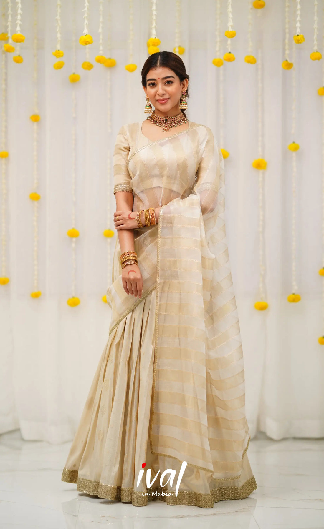 Pearl Silky Organza Halfsaree - Off white and Gold Half Sarees
