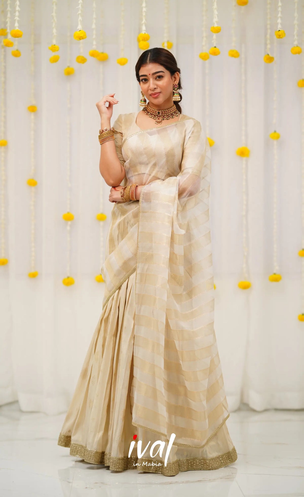 Pearl Silky Organza Halfsaree - Off white and Gold Half Sarees