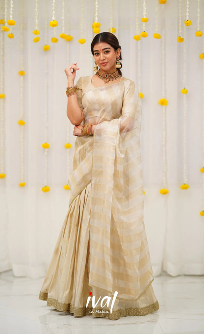 Pearl Silky Organza Halfsaree - Off white and Gold Half Sarees