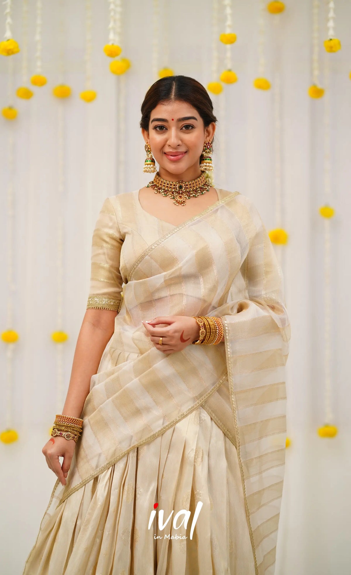 Pearl Silky Organza Halfsaree - Off white and Gold Half Sarees