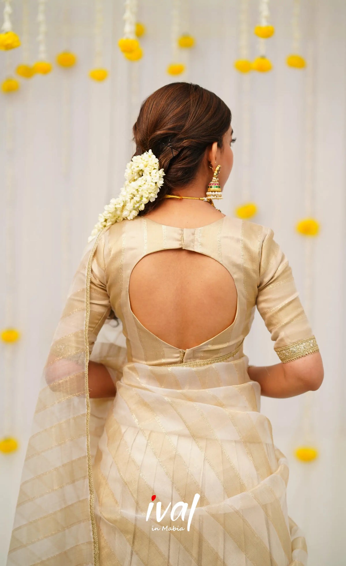 Pearl Silky Organza Halfsaree - Off white and Gold Half Sarees