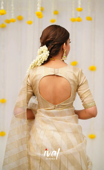 Pearl Silky Organza Halfsaree - Off white and Gold Half Sarees