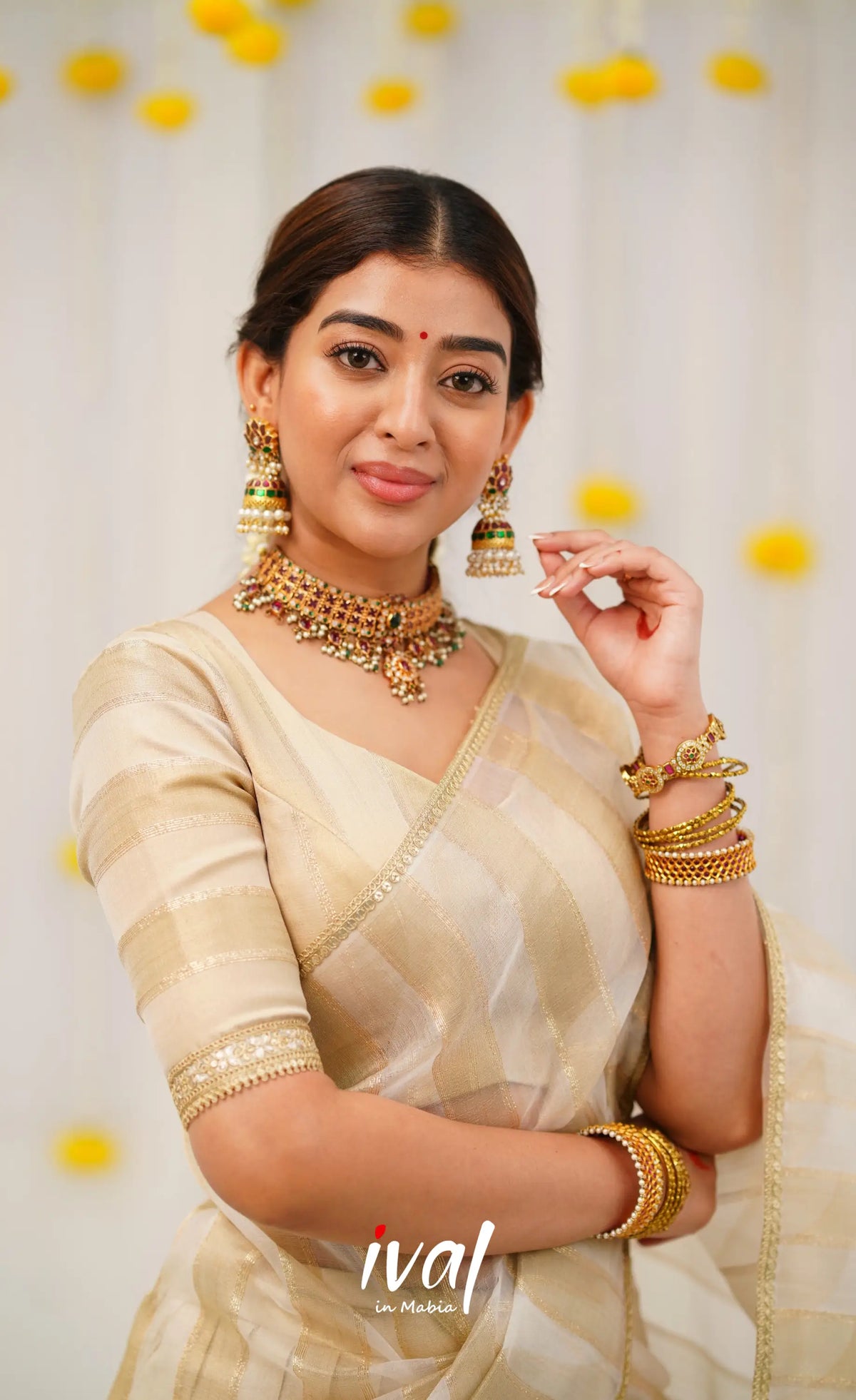 Pearl Silky Organza Halfsaree - Off white and Gold Half Sarees
