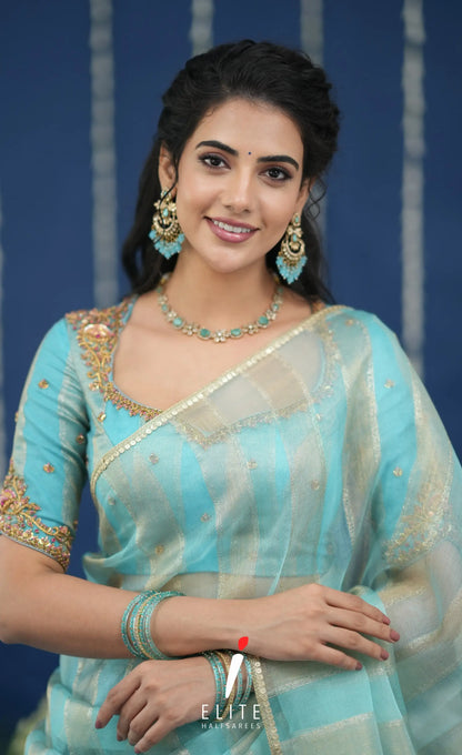 Pearl Tissue Halfsaree Pastel Blue Half Sarees