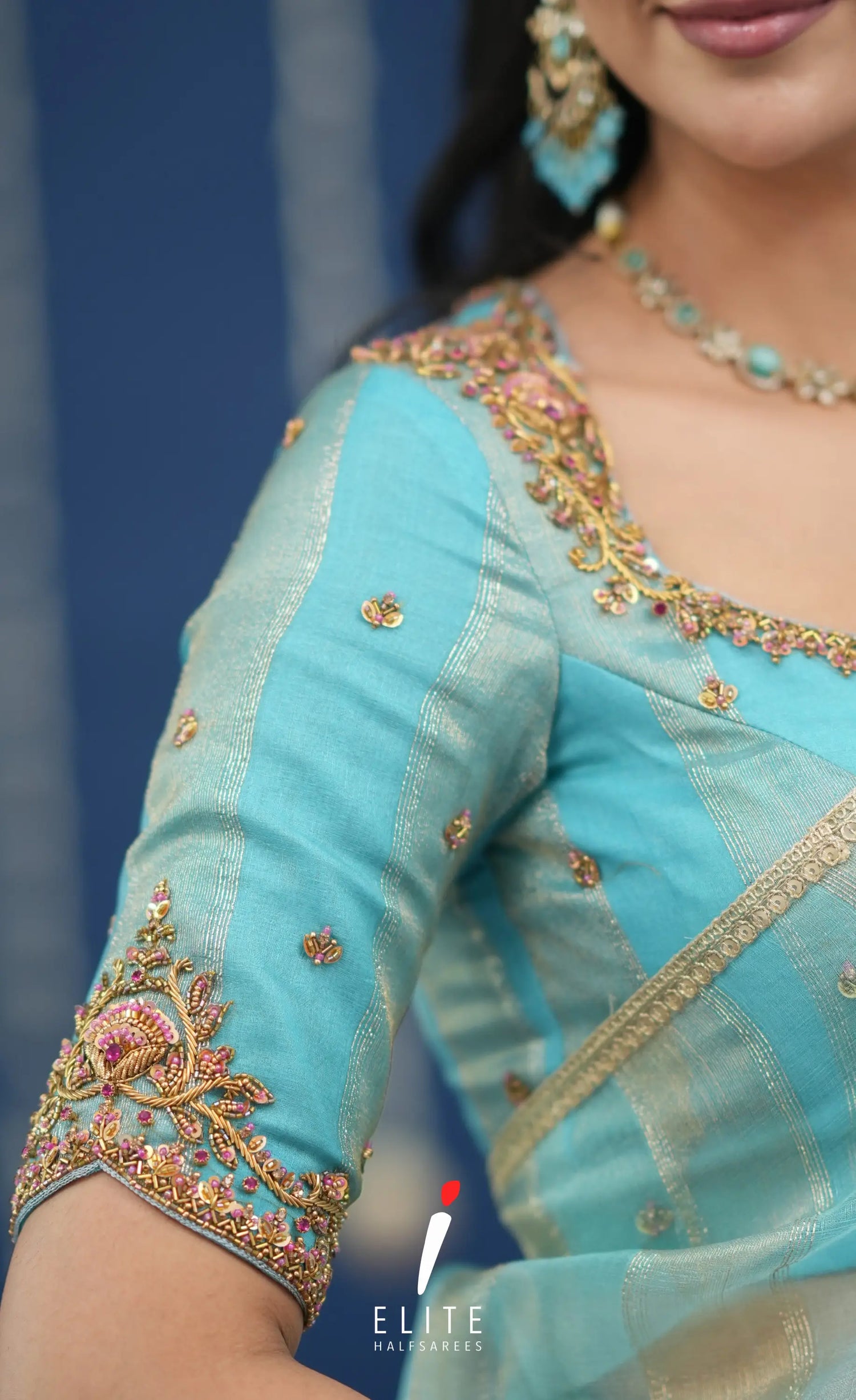 Pearl Tissue Halfsaree Pastel Blue Half Sarees