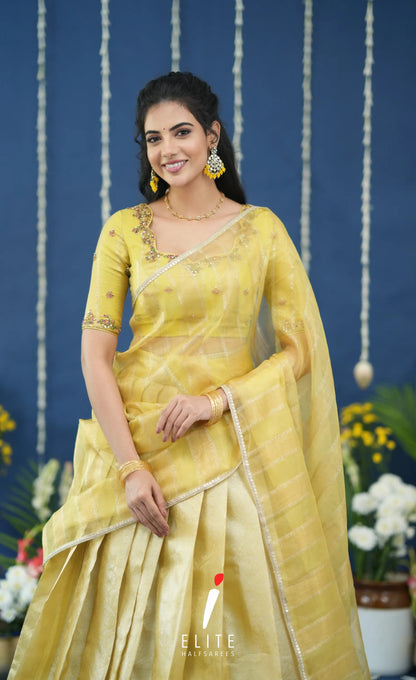 Pearl Tissue Halfsaree Yellow Half Sarees