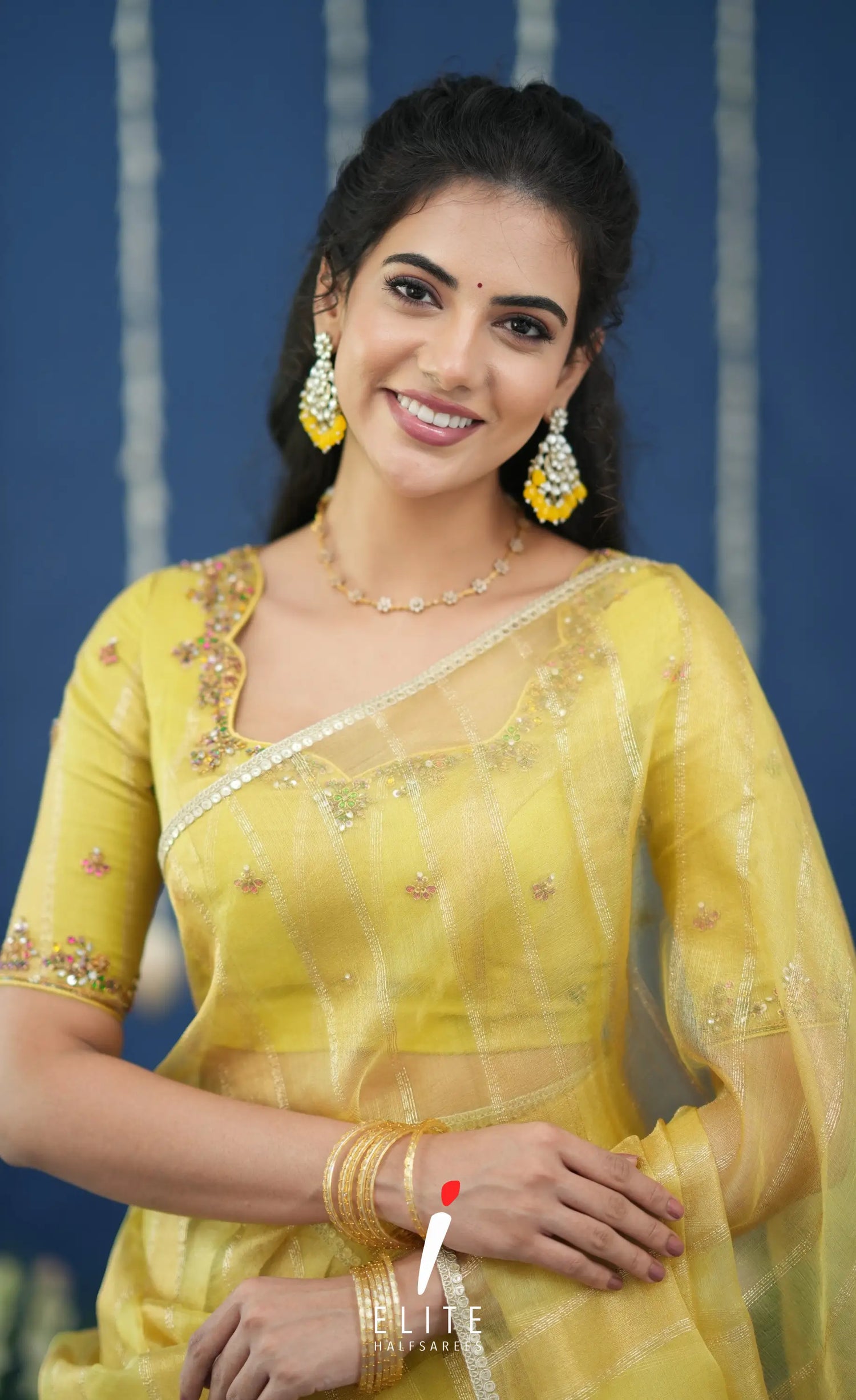 Pearl Tissue Halfsaree Yellow Half Sarees