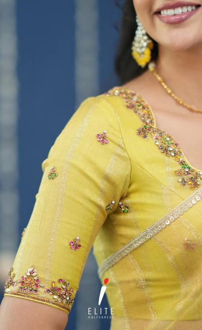 Pearl Tissue Halfsaree Yellow Half Sarees