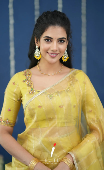 Pearl Tissue Halfsaree Yellow Half Sarees