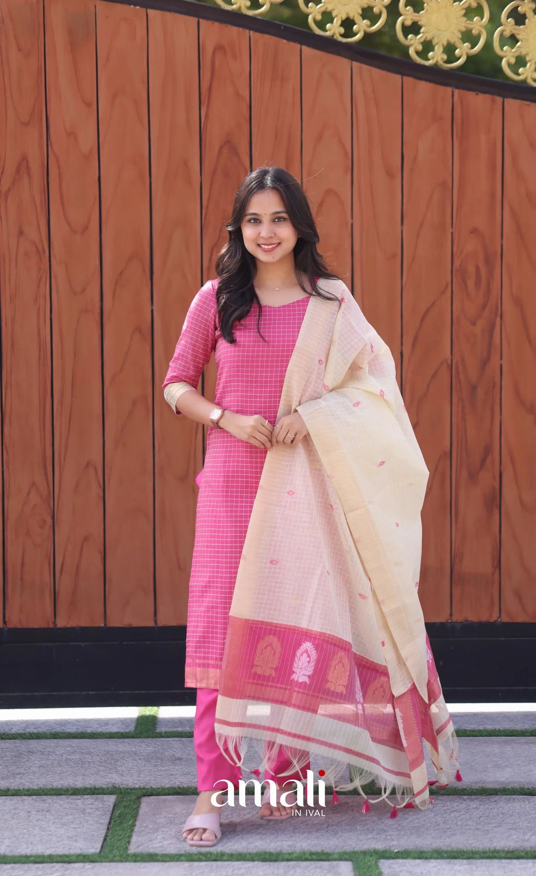 Pink and Cream Silk Cotton Salwar - salwar