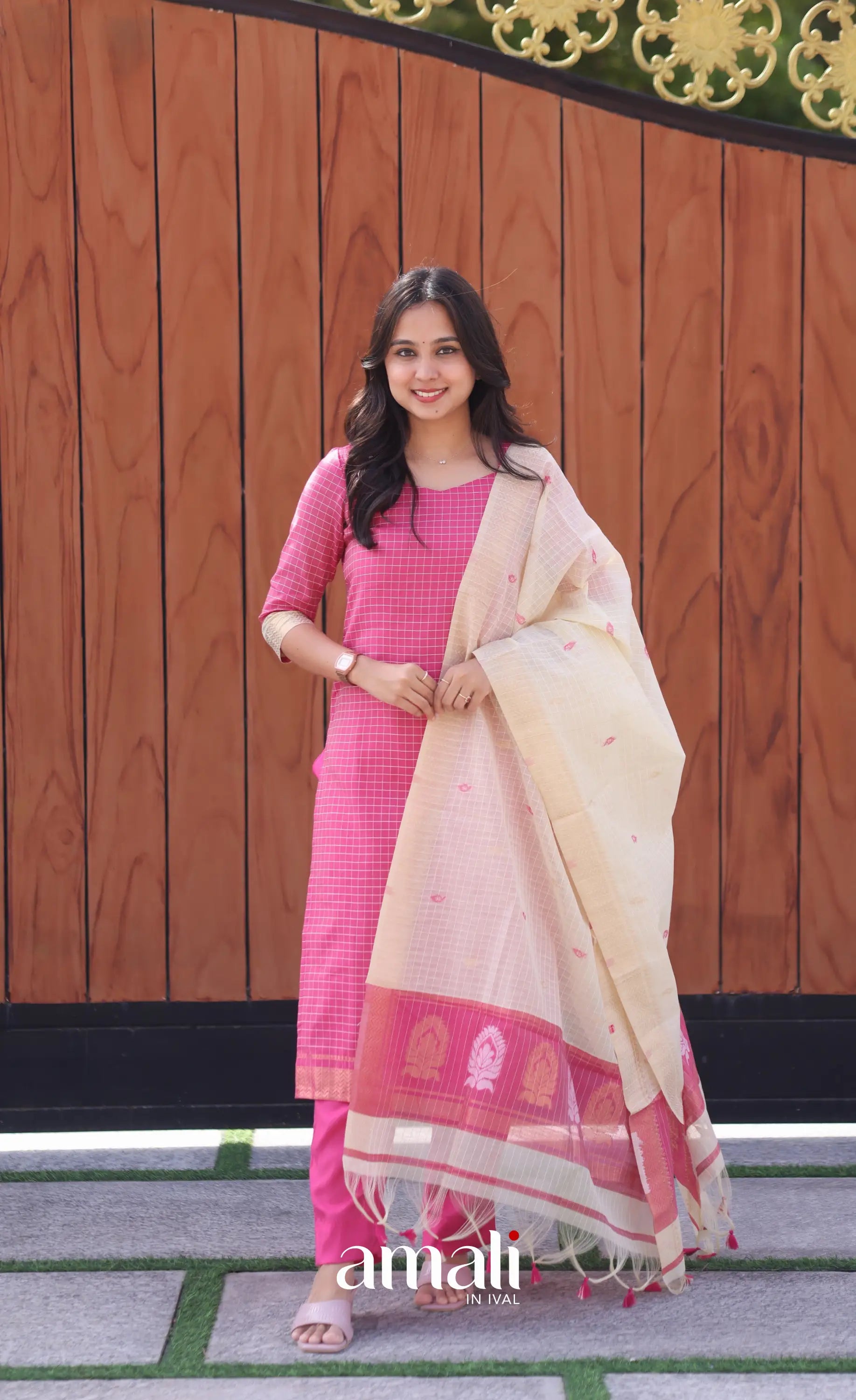 Pink and Cream Silk Cotton Salwar - salwar