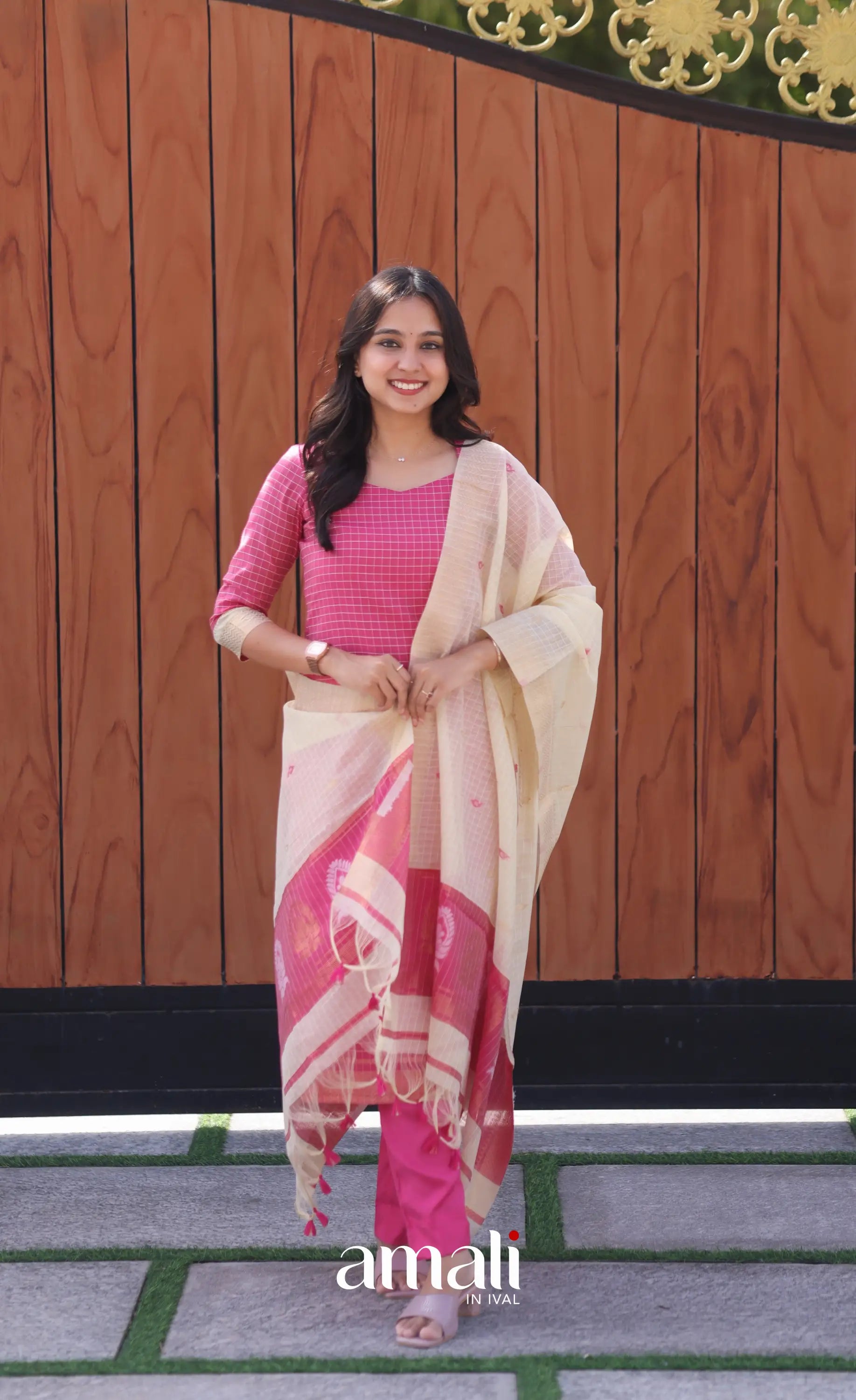 Pink and Cream Silk Cotton Salwar - salwar