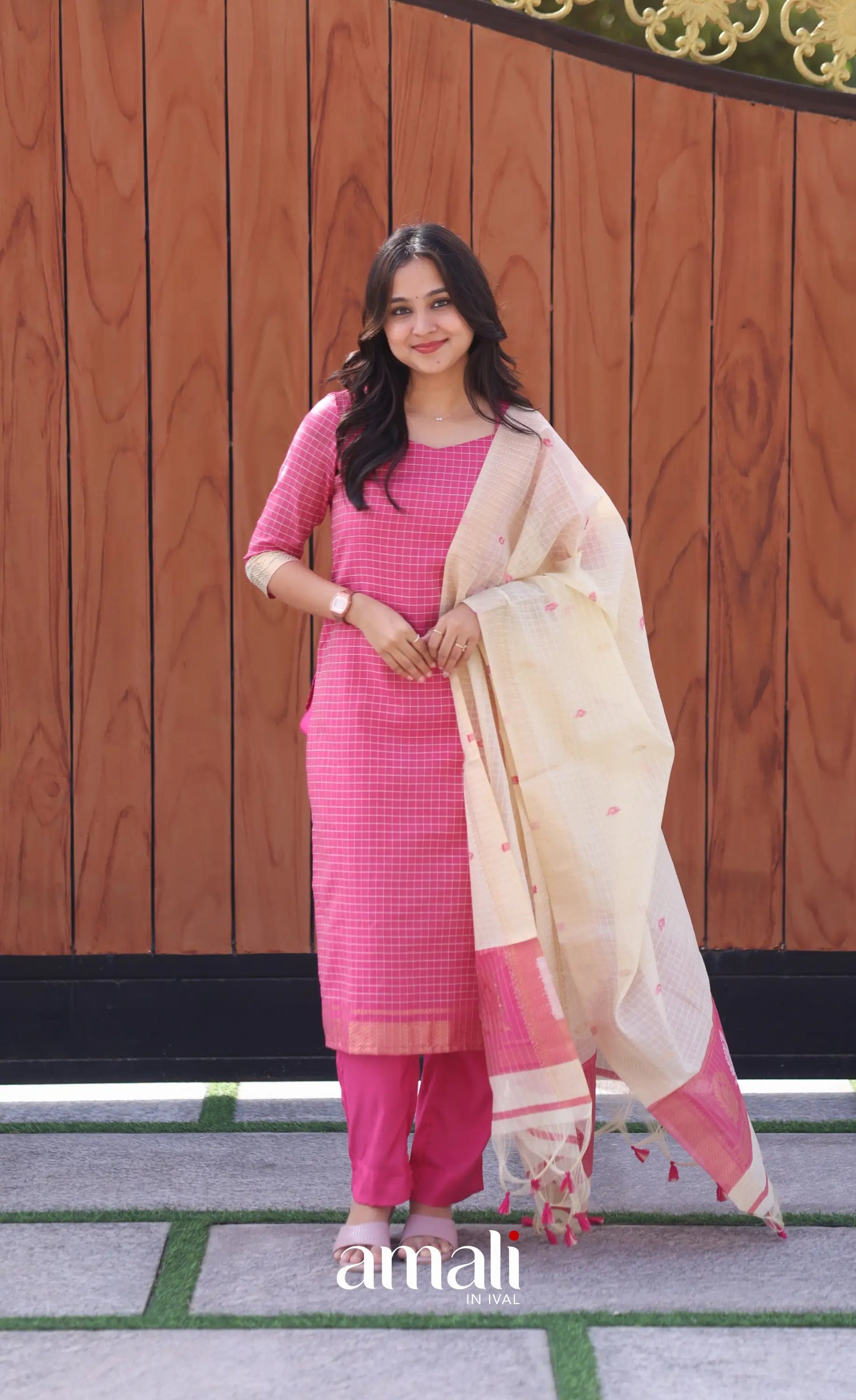 Pink and Cream Silk Cotton Salwar - salwar