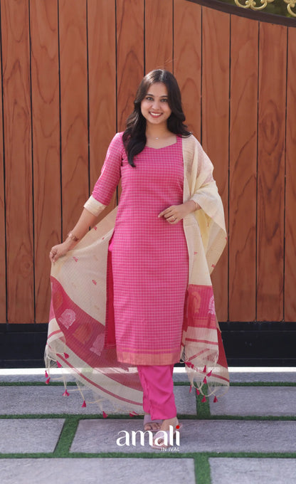 Pink and Cream Silk Cotton Salwar - salwar