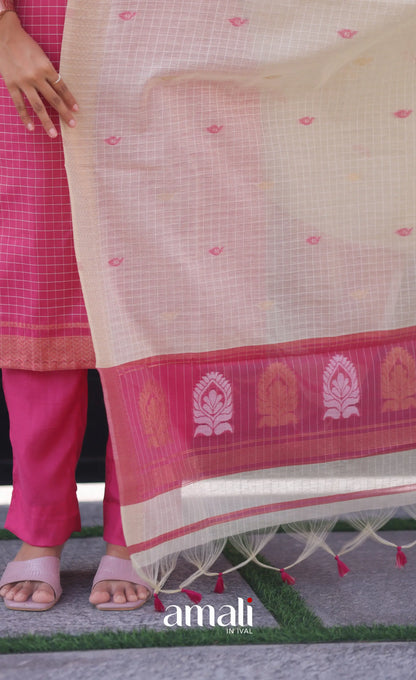 Pink and Cream Silk Cotton Salwar - salwar